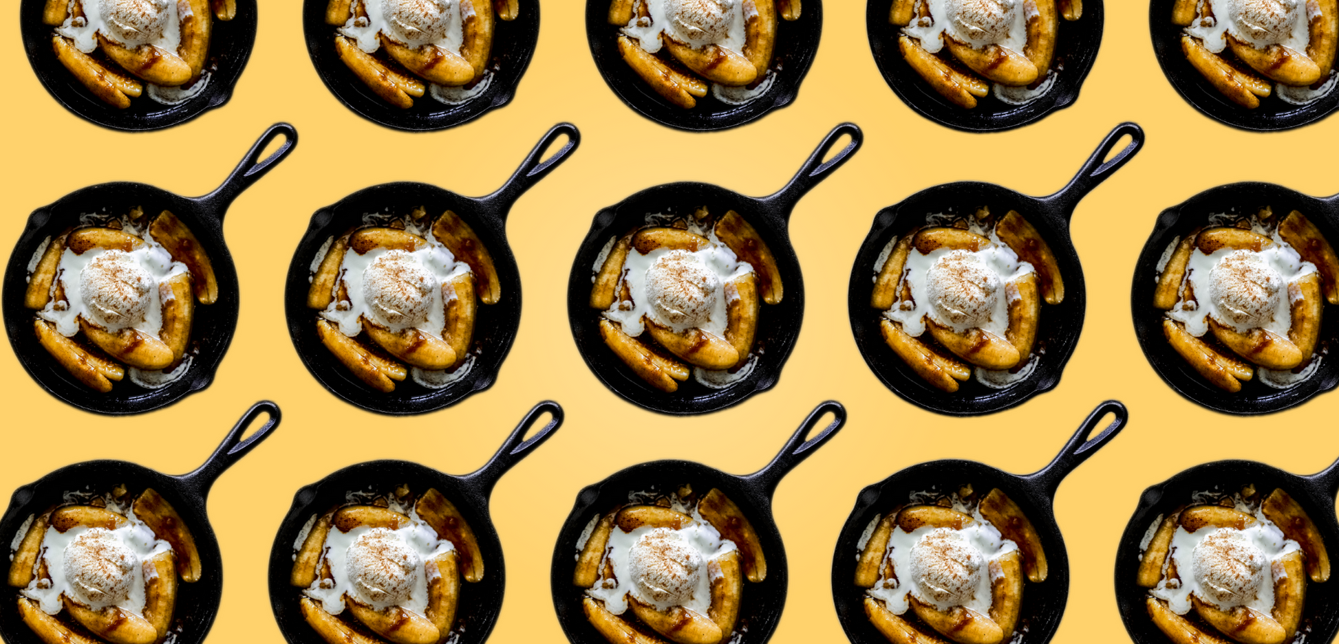 Bananas Foster desserts in cast iron skillet.