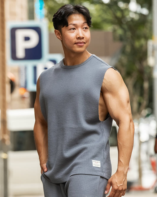 Lee Lem Short Boxy Waffle Muscle Tank - Platinum Grey-Singlets & Tanks-XS-022548PLGREY-XS-MNAPPRL42806-1-Muscle Nation