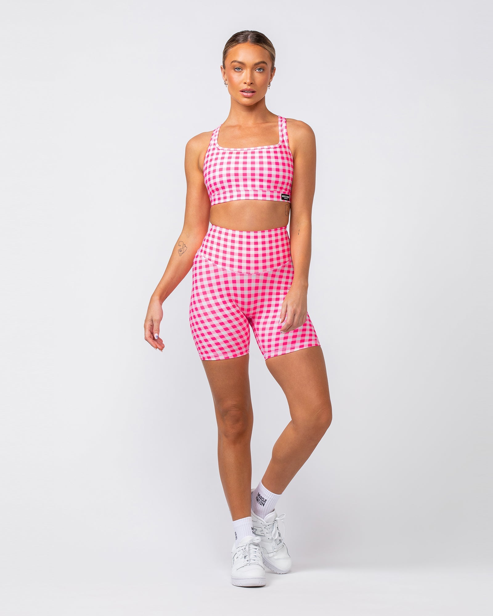 Desire Aura Bra - Neon Pink Gingham Print-Sports Bras-XXS-062408NPGMP-XXS-MNAPPRL31450-8-Muscle Nation