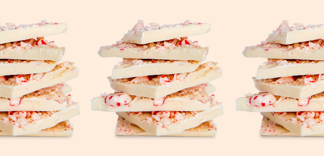 Stacks of white chocolate peppermint bark.