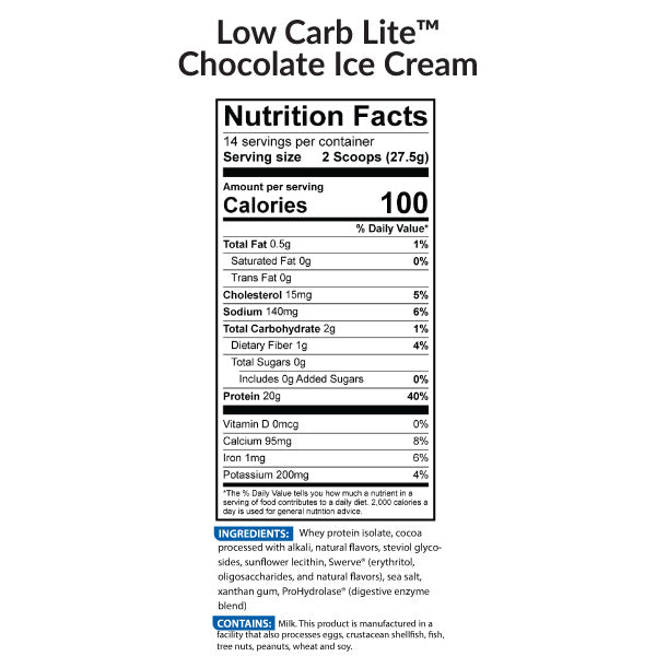 Low Carb Lite Protein Powder Chocolate Ice Cream Nutrition Label