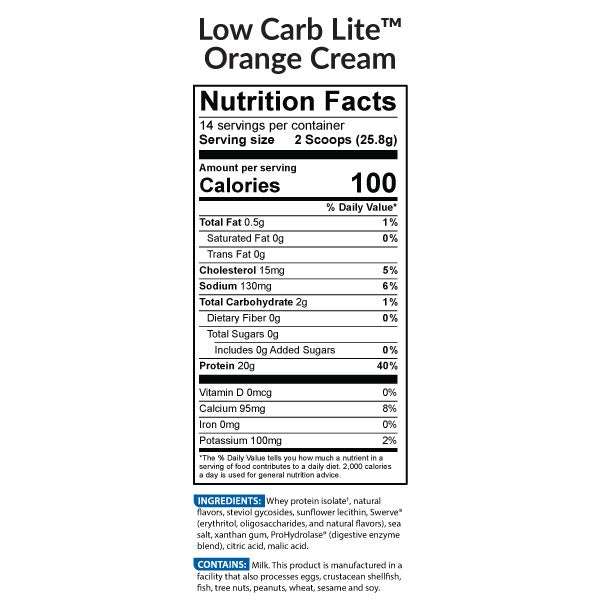 Low Carb Lite Protein Powder Orange Creamsicle Nutrition Label