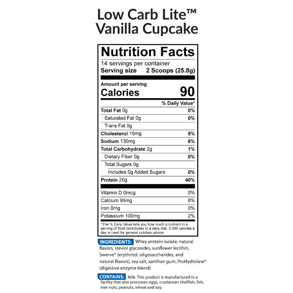 Low Carb Lite Protein Powder Vanilla Cupcake Nutrition Label