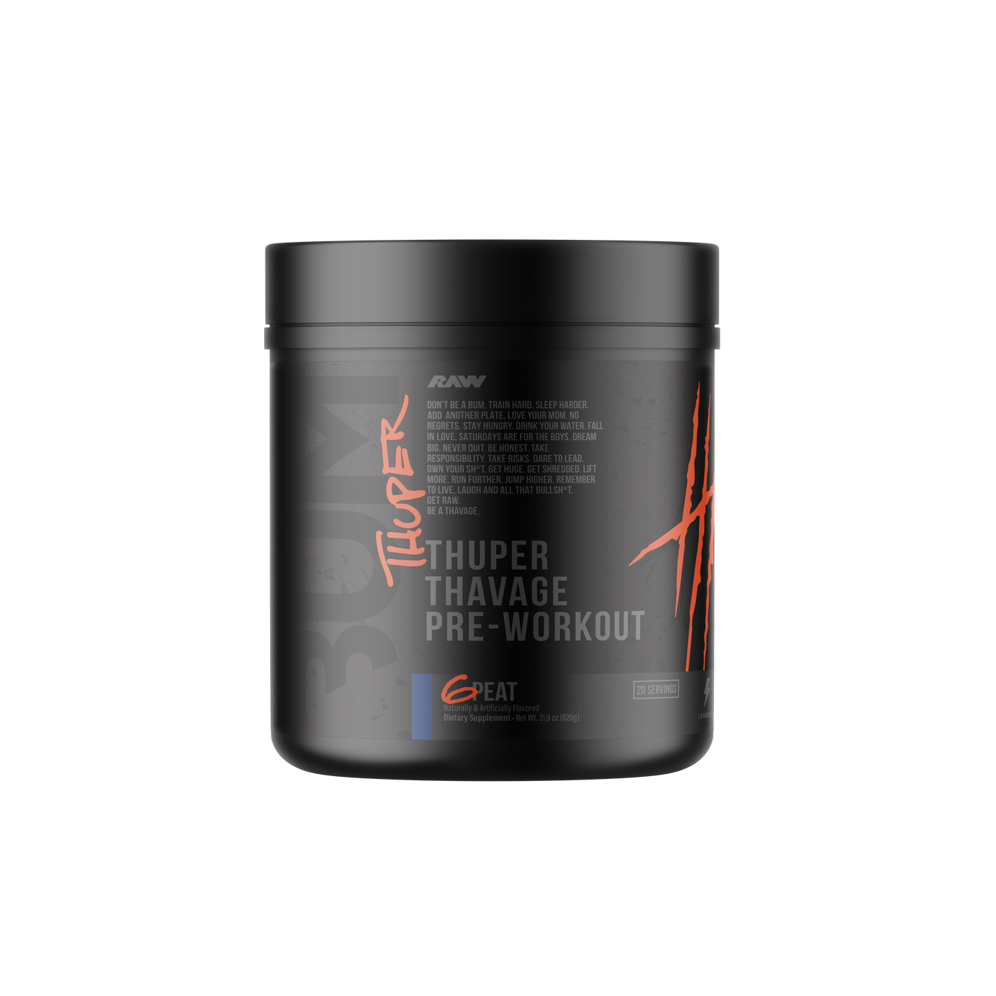 Bottle of Thuper Thavage pre-workout by Raw Nutrition
