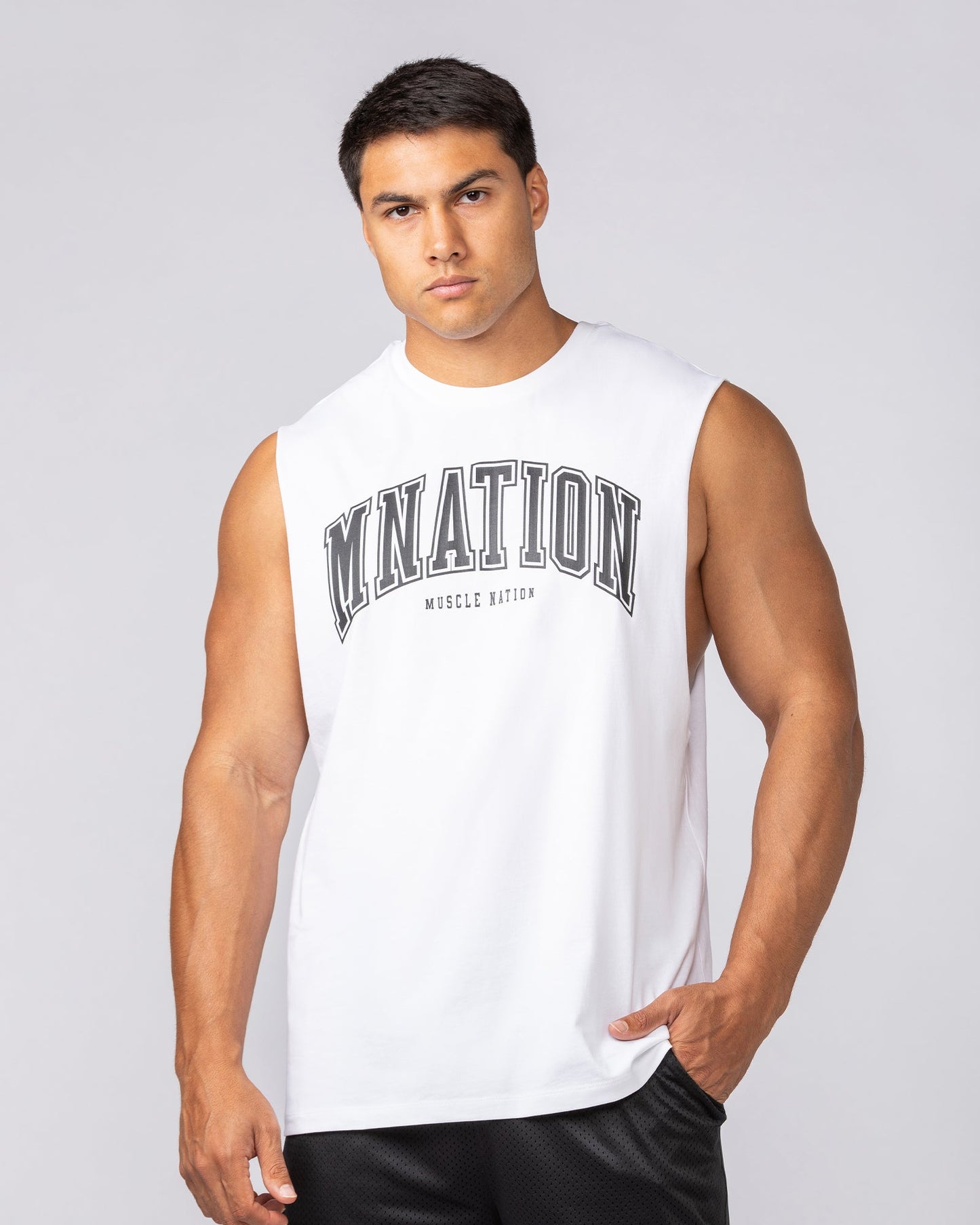 Varsity Training Drop Arm Tank - White-Singlets & Tanks-S-072503WHT-S-MNAPPRL44049-1-Muscle Nation